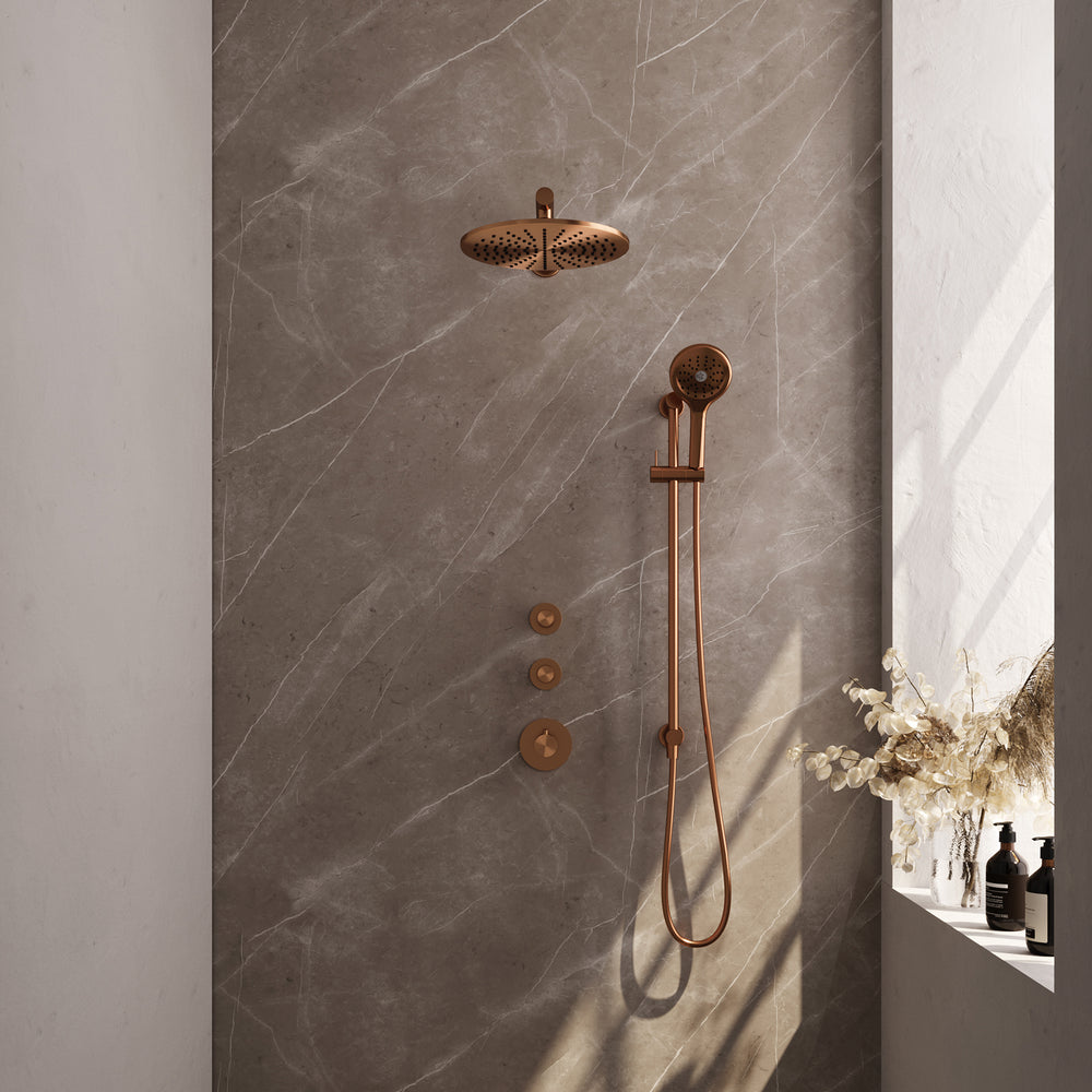 BRAUER Copper Carving thermostatische inbouw regendouche SET 20 met 30 cm douchekop en rechte muurarm en 3-standen handdouche en doucheslang en geïntegreerde glijstang koper geborsteld PVD 5-GK-116