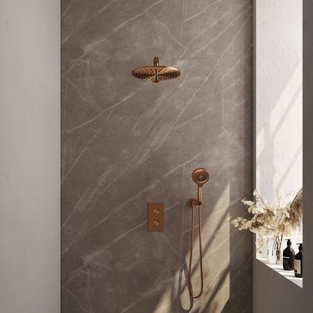 BRAUER Copper Carving thermostatische inbouw regendouche 3-weg omstelling SET 32 met 30 cm douchekop en rechte muurarm en 3-standen handdouche en doucheslang en wandaansluitbocht koper geborsteld PVD 5-GK-128
