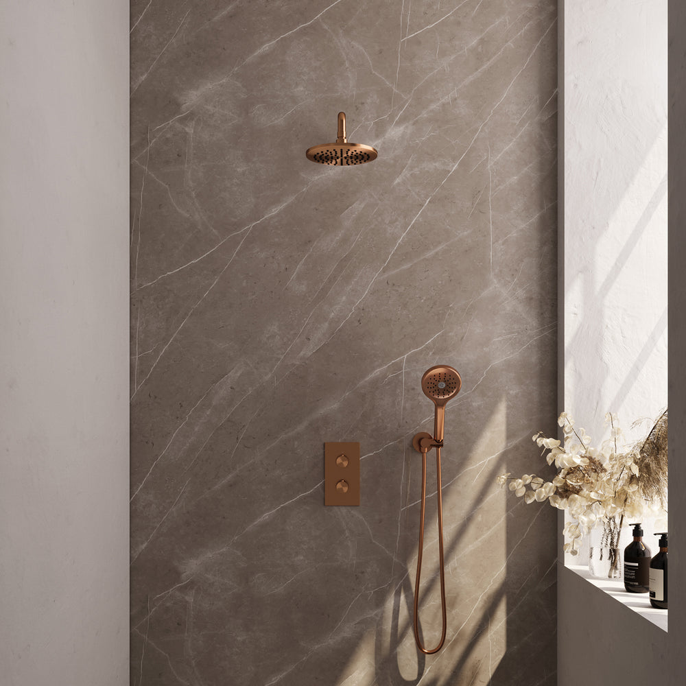 BRAUER Copper Carving thermostatische inbouw regendouche 3-weg omstelling SET 33 met 20 cm douchekop en gebogen muurarm en 3-standen handdouche en doucheslang en wandaansluitbocht koper geborsteld PVD 5-GK-129