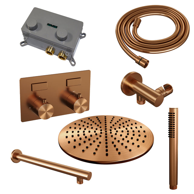 BRAUER Copper Edition thermostatische inbouw regendouche met drukknoppen SET 50 met 30 cm douchekop en rechte muurarm en staaf handdouche en doucheslang en wandaansluitbocht koper geborsteld PVD