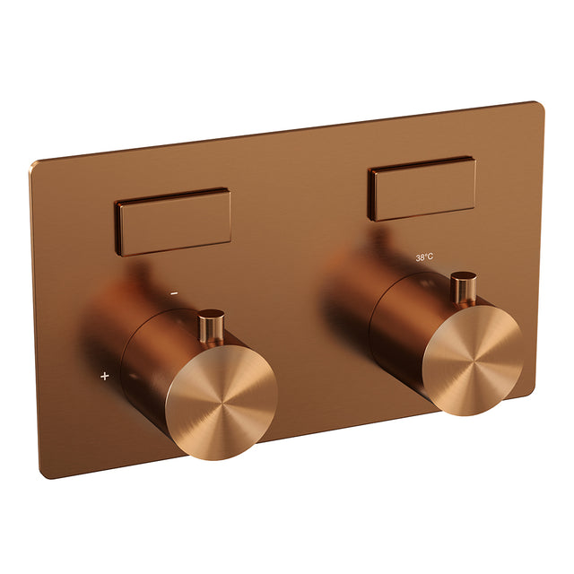 BRAUER Copper Edition thermostatische inbouw regendouche met drukknoppen SET 50 met 30 cm douchekop en rechte muurarm en staaf handdouche en doucheslang en wandaansluitbocht koper geborsteld PVD