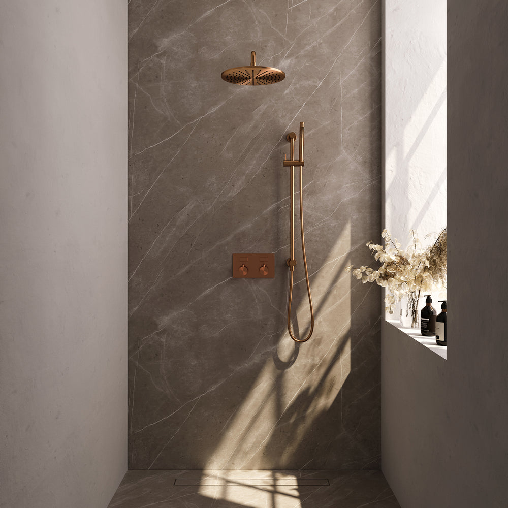 BRAUER Copper Edition thermostatische inbouw regendouche met drukknoppen SET 64 met 30 cm douchekop en gebogen muurarm en staaf handdouche en doucheslang en geïntegreerde glijstang koper geborsteld PVD