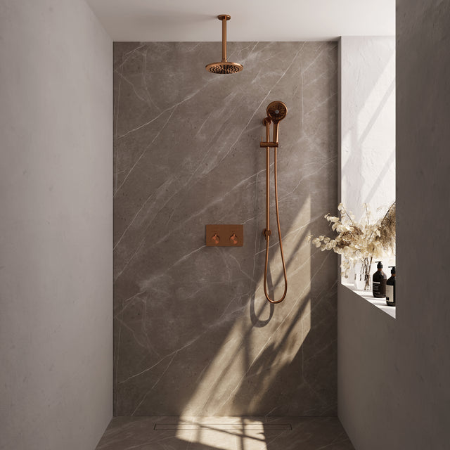 BRAUER Copper Edition thermostatische inbouw regendouche met drukknoppen SET 71 met 20 cm douchekop en plafondarm en 3-standen handdouche en doucheslang en geïntegreerde glijstang koper geborsteld PVD