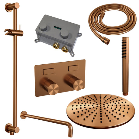 BRAUER Copper Carving thermostatische inbouw regendouche met drukknoppen SET 64 met 30 cm douchekop en gebogen muurarm en staaf handdouche en doucheslang en geïntegreerde glijstang koper geborsteld PVD 5-GK-199