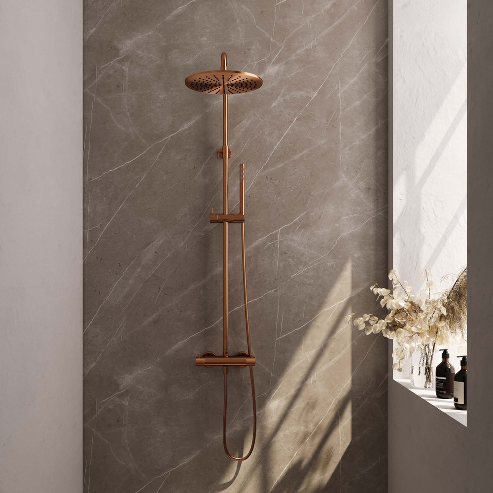 BRAUER Copper Carving opbouw thermostatische regendouche SET 03 met 30 cm hoofddouche en staaf handdouche en doucheslang koper geborsteld PVD 5-GK-255
