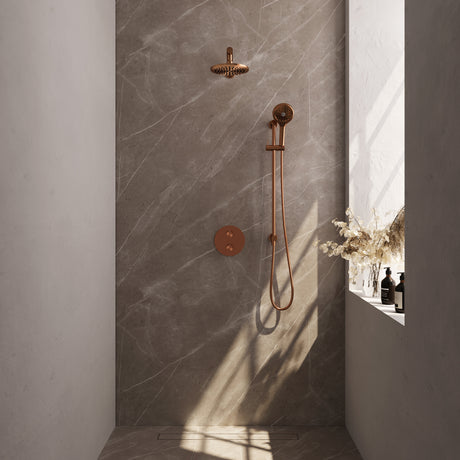 BRAUER Copper Edition thermostatische inbouw regendouche 3-weg rond SET 91 met 20 cm douchekop en rechte muurarm en 3-standen handdouche en doucheslang en geïntegreerde glijstang koper geborsteld PVD 5-GK-285