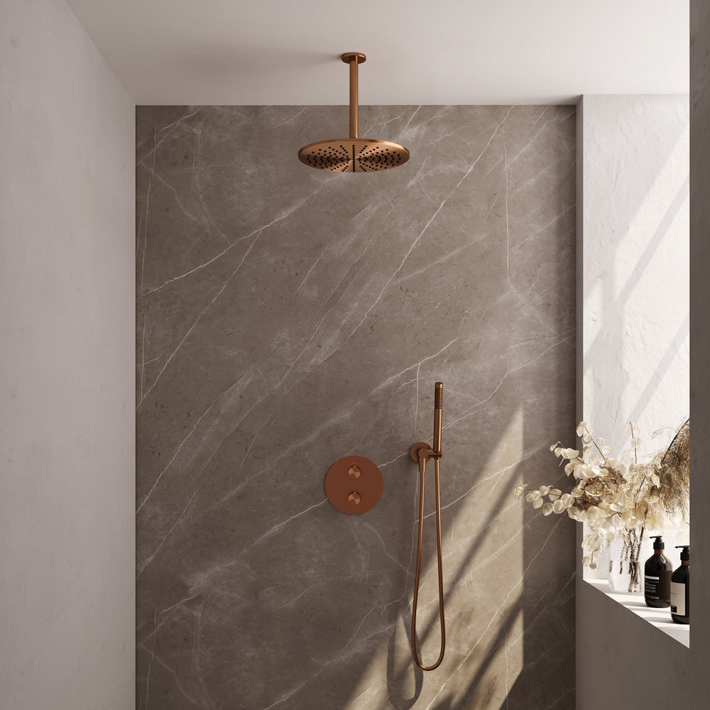 BRAUER Copper Carving thermostatische inbouw regendouche 3-weg rond SET 78 met 30 cm douchekop en plafondarm en staaf handdouche en doucheslang en wandaansluitbocht koper geborsteld PVD 5-GK-296