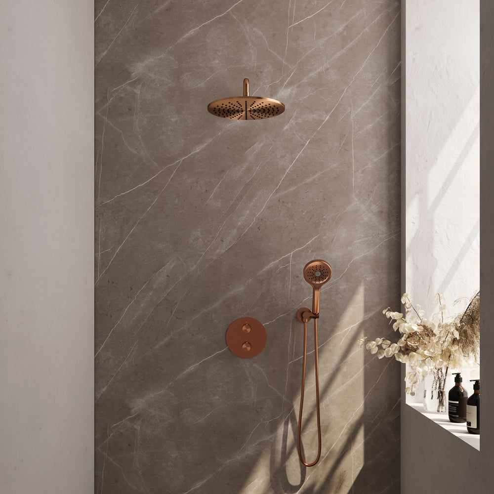 BRAUER Copper Carving thermostatische inbouw regendouche 3-weg rond SET 82 met 30 cm douchekop en gebogen muurarm en 3-standen handdouche en doucheslang en wandaansluitbocht koper geborsteld PVD 5-GK-300