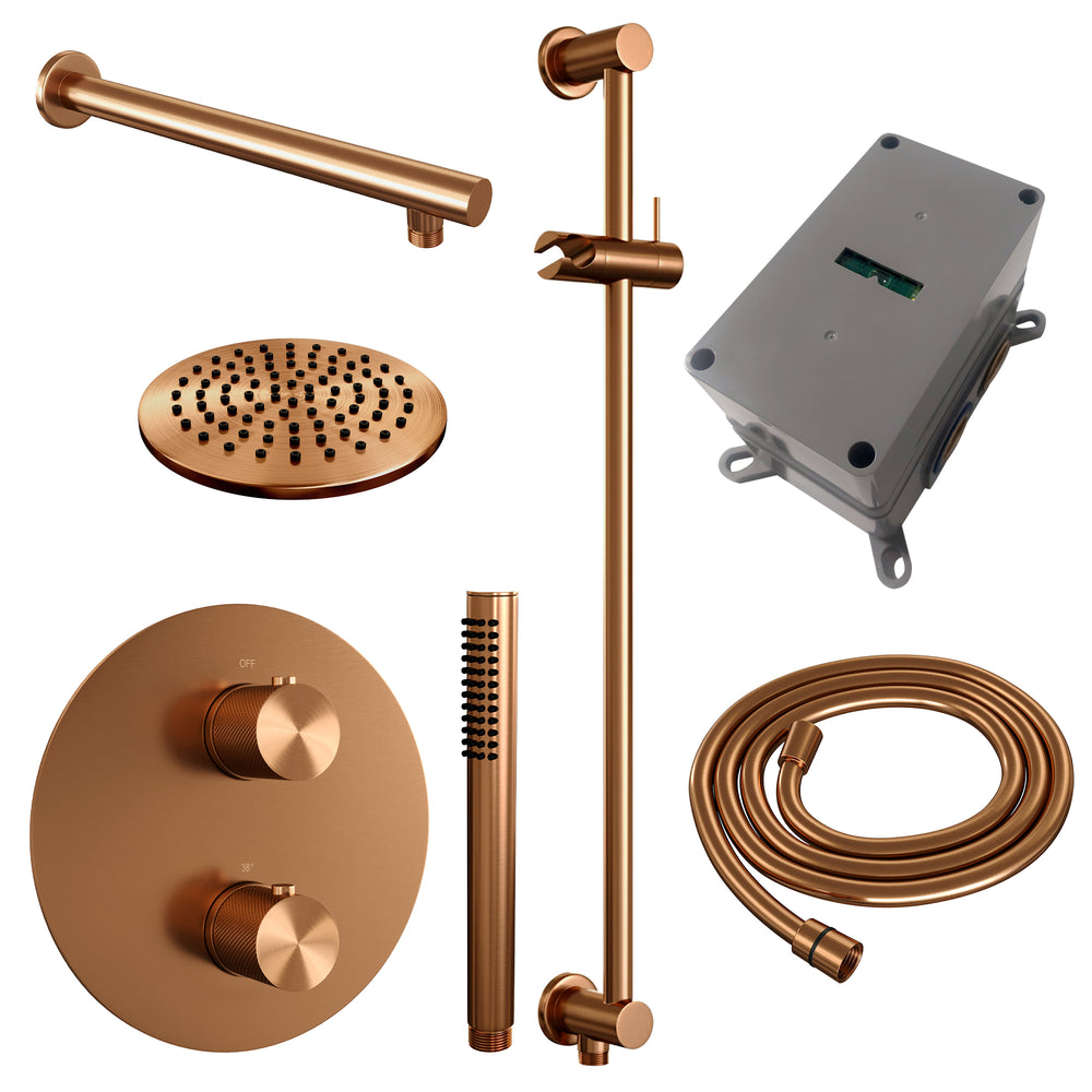 BRAUER Copper Carving thermostatische inbouw regendouche 3-weg rond SET 85 met 20 cm douchekop en rechte muurarm en staaf handdouche en doucheslang en geïntegreerde glijstang koper geborsteld PVD 5-GK-303