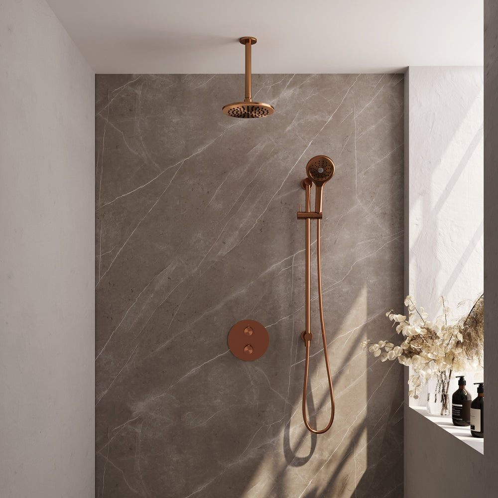 BRAUER Copper Carving thermostatische inbouw regendouche 3-weg rond SET 95 met 20 cm douchekop en plafondarm en 3-standen handdouche en doucheslang en geïntegreerde glijstang koper geborsteld PVD 5-GK-313