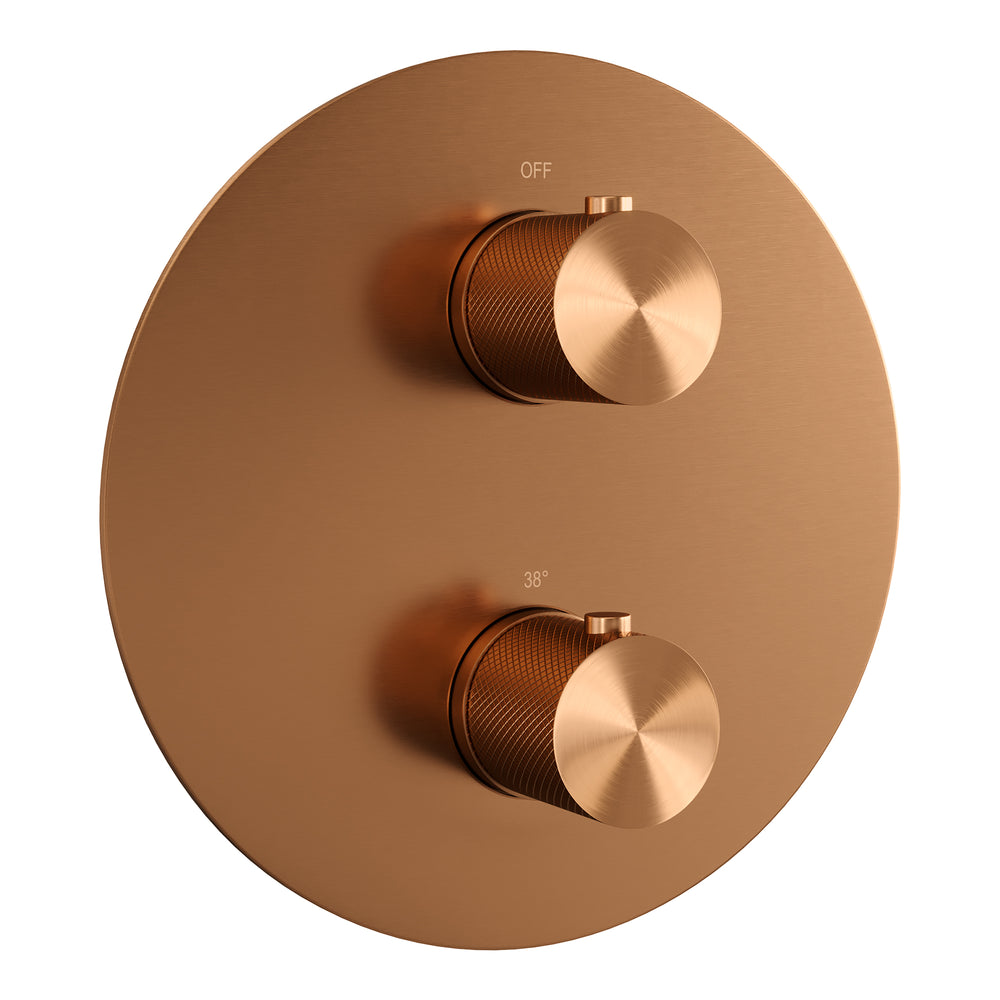 BRAUER Copper Carving thermostatische inbouw regendouche 3-weg rond SET 95 met 20 cm douchekop en plafondarm en 3-standen handdouche en doucheslang en geïntegreerde glijstang koper geborsteld PVD 5-GK-313