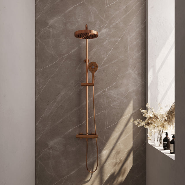 BRAUER Stripe opbouw thermostatische regendouche SET 02 met 25 cm hoofddouche en 3-standen handdouche en doucheslang koper geborsteld PVD 5-GK-349