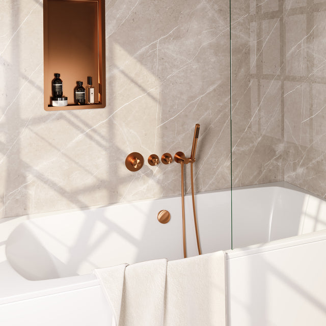 BRAUER Stripe thermostatische inbouw badkraan SET 01 met badvulcombinatie en staaf handdouche en doucheslang en wandaansluitbocht koper geborsteld PVD 5-GK-359