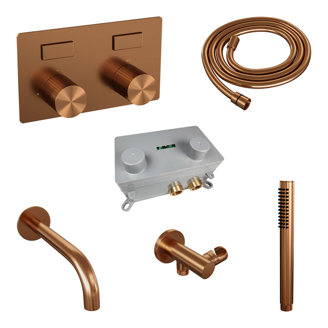 BRAUER Stripe thermostatische inbouw badkraan met drukknoppen SET 03 met uitloop en staaf handdouche en doucheslang en wandaansluitbocht koper geborsteld PVD 5-GK-363