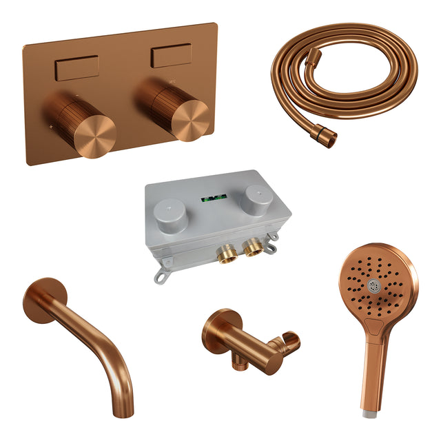 BRAUER Stripe thermostatische inbouw badkraan met drukknoppen SET 04 met uitloop en 3-standen handdouche en doucheslang en wandaansluitbocht koper geborsteld PVD 5-GK-364