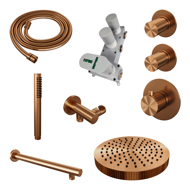 BRAUER Stripe thermostatische inbouw regendouche SET 01 met 25 cm douchekop en rechte muurarm en staaf handdouche en doucheslang en wandaansluitbocht koper geborsteld PVD 5-GK-365