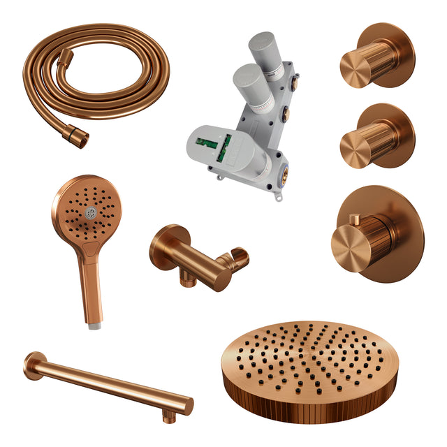 BRAUER Stripe thermostatische inbouw regendouche SET 04 met 25 cm douchekop en rechte muurarm en 3-standen handdouche en doucheslang en wandaansluitbocht koper geborsteld PVD 5-GK-371
