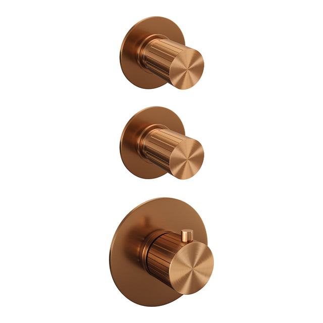 BRAUER Stripe thermostatische inbouw regendouche SET 06 met 25 cm douchekop en plafondarm en 3-standen handdouche en doucheslang en wandaansluitbocht koper geborsteld PVD 5-GK-375