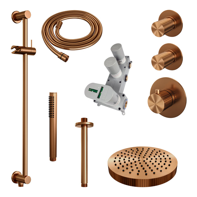 BRAUER Stripe thermostatische inbouw regendouche SET 09 met 25 cm douchekop en plafondarm en staaf handdouche en doucheslang en geïntegreerde glijstang koper geborsteld PVD 5-GK-381