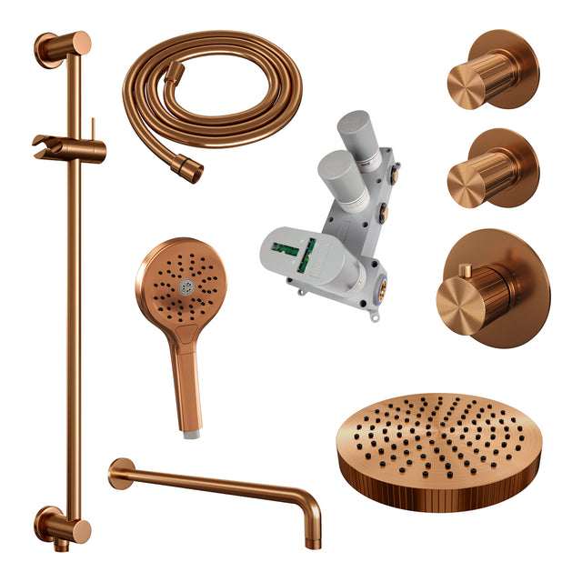 BRAUER Stripe thermostatische inbouw regendouche SET 11 met 25 cm douchekop en gebogen muurarm en 3-standen handdouche en doucheslang en geïntegreerde glijstang koper geborsteld PVD 5-GK-385