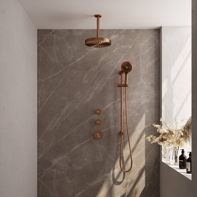 BRAUER Stripe thermostatische inbouw regendouche SET 12 met 25 cm douchekop en plafondarm en 3-standen handdouche en doucheslang en geïntegreerde glijstang koper geborsteld PVD 5-GK-387