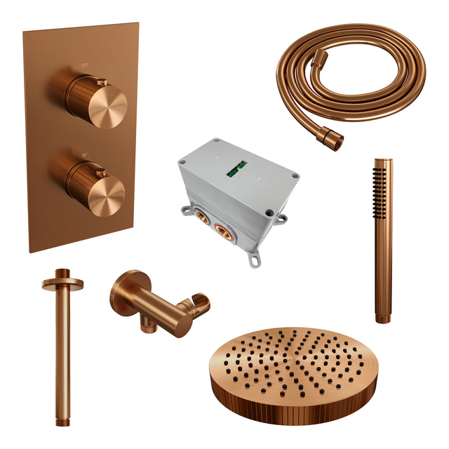 BRAUER Stripe thermostatische inbouw regendouche 3-weg rechthoekig SET 15 met 25 cm douchekop en plafondarm en staaf handdouche en doucheslang en wandaansluitbocht koper geborsteld PVD 5-GK-393