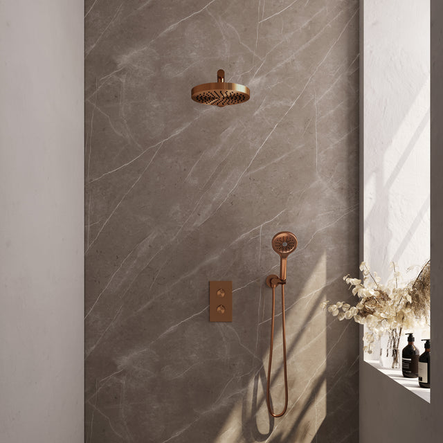 BRAUER Stripe thermostatische inbouw regendouche 3-weg rechthoekig SET 16 met 25 cm douchekop en rechte muurarm en 3-standen handdouche en doucheslang en wandaansluitbocht koper geborsteld PVD 5-GK-395