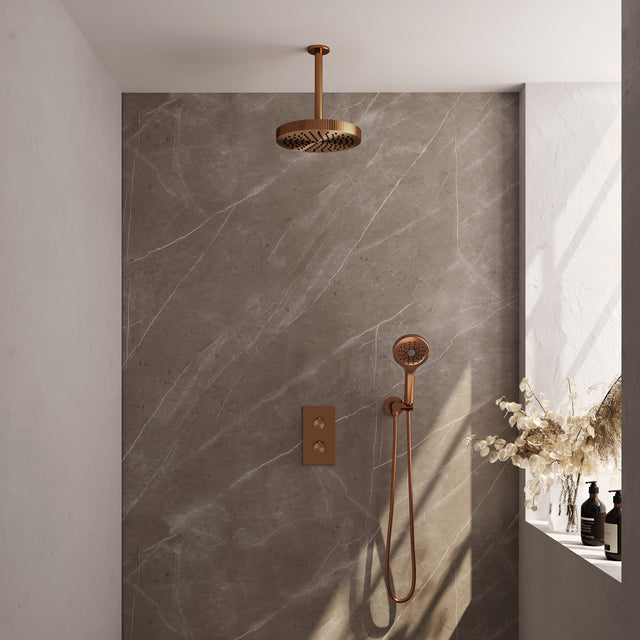 BRAUER Stripe thermostatische inbouw regendouche 3-weg rechthoekig SET 18 met 25 cm douchekop en plafondarm en 3-standen handdouche en doucheslang en wandaansluitbocht koper geborsteld PVD 5-GK-399