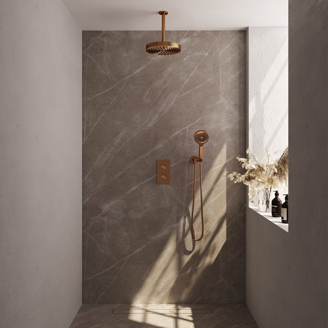 BRAUER Stripe thermostatische inbouw regendouche 3-weg rechthoekig SET 18 met 25 cm douchekop en plafondarm en 3-standen handdouche en doucheslang en wandaansluitbocht koper geborsteld PVD 5-GK-399