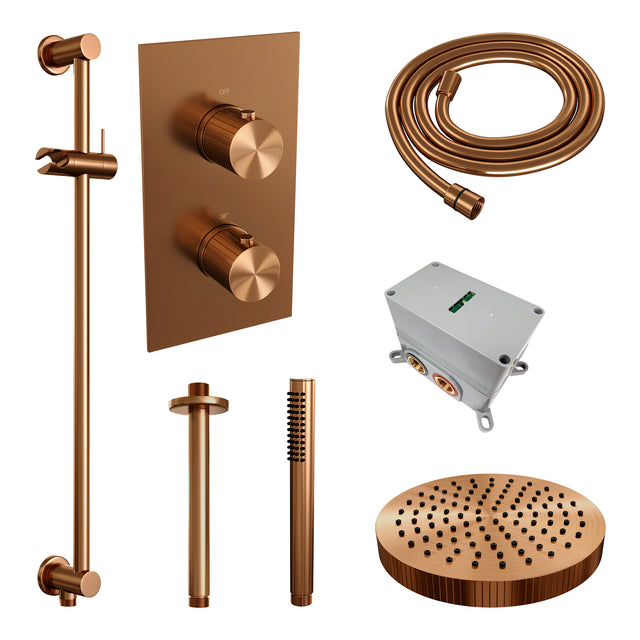 BRAUER Stripe thermostatische inbouw regendouche 3-weg rechthoekig SET 21 met 25 cm douchekop en plafondarm en staaf handdouche en doucheslang en geïntegreerde glijstang koper geborsteld PVD 5-GK-405
