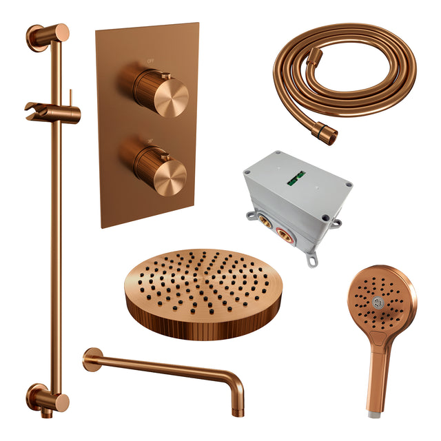 BRAUER Stripe thermostatische inbouw regendouche 3-weg rechthoekig SET 23 met 25 cm douchekop en gebogen muurarm en 3-standen handdouche en doucheslang en geïntegreerde glijstang koper geborsteld PVD 5-GK-409