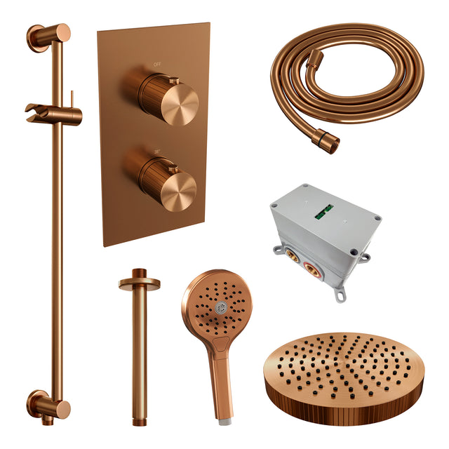 BRAUER Stripe thermostatische inbouw regendouche 3-weg rechthoekig SET 24 met 25 cm douchekop en plafondarm en 3-standen handdouche en doucheslang en geïntegreerde glijstang koper geborsteld PVD 5-GK-411
