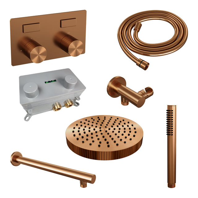 BRAUER Stripe thermostatische inbouw regendouche met drukknoppen SET 25 met 25 cm douchekop en rechte muurarm en staaf handdouche en doucheslang en wandaansluitbocht koper geborsteld PVD 5-GK-413