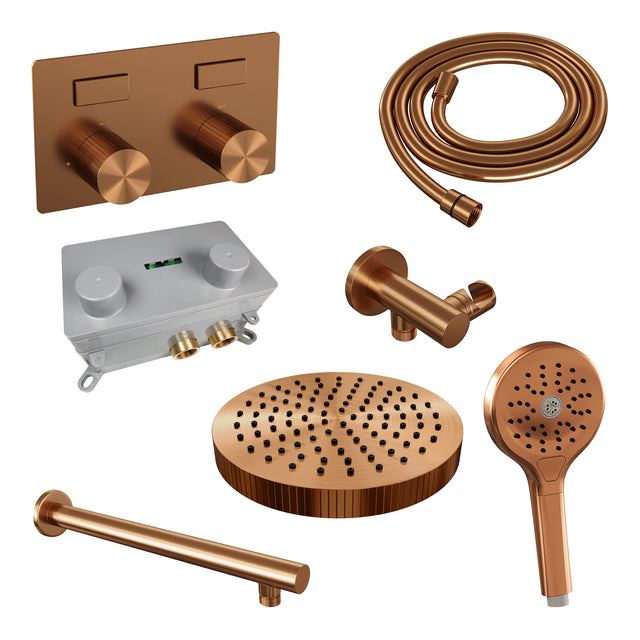 BRAUER Stripe thermostatische inbouw regendouche met drukknoppen SET 28 met 25 cm douchekop en rechte muurarm en 3-standen handdouche en doucheslang en wandaansluitbocht koper geborsteld PVD 5-GK-419