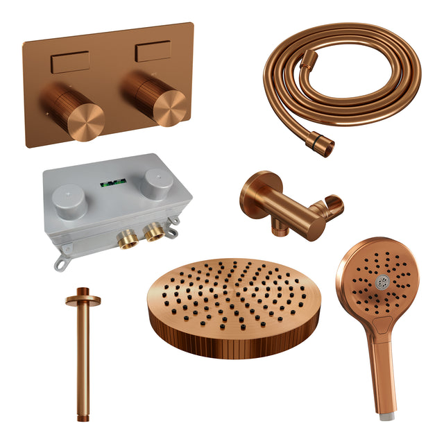 BRAUER Stripe thermostatische inbouw regendouche met drukknoppen SET 30 met 25 cm douchekop en plafondarm en 3-standen handdouche en doucheslang en wandaansluitbocht koper geborsteld PVD 5-GK-423