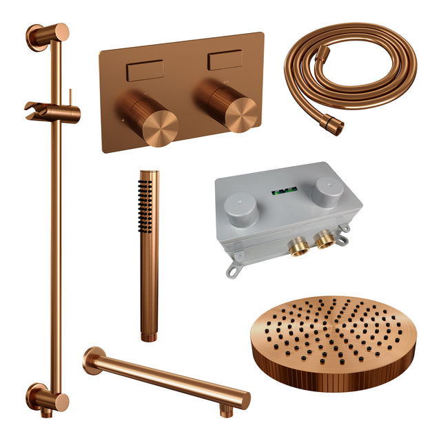 BRAUER Stripe thermostatische inbouw regendouche met drukknoppen SET 31 met 25 cm douchekop en rechte muurarm en staaf handdouche en doucheslang en geïntegreerde glijstang koper geborsteld PVD 5-GK-425