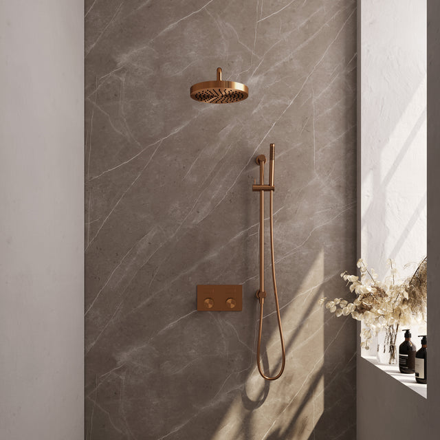 BRAUER Stripe thermostatische inbouw regendouche met drukknoppen SET 32 met 25 cm douchekop en gebogen muurarm en staaf handdouche en doucheslang en geïntegreerde glijstang koper geborsteld PVD 5-GK-427