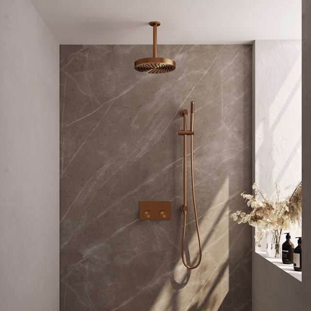 BRAUER Stripe thermostatische inbouw regendouche met drukknoppen SET 33 met 25 cm douchekop en plafondarm en staaf handdouche en doucheslang en geïntegreerde glijstang koper geborsteld PVD 5-GK-429