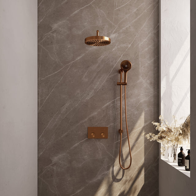 BRAUER Stripe thermostatische inbouw regendouche met drukknoppen SET 35 met 25 cm douchekop en gebogen muurarm en 3-standen handdouche en doucheslang en geïntegreerde glijstang koper geborsteld PVD 5-GK-433