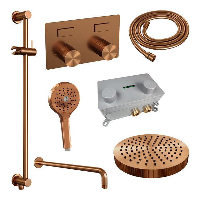 BRAUER Stripe thermostatische inbouw regendouche met drukknoppen SET 35 met 25 cm douchekop en gebogen muurarm en 3-standen handdouche en doucheslang en geïntegreerde glijstang koper geborsteld PVD 5-GK-433