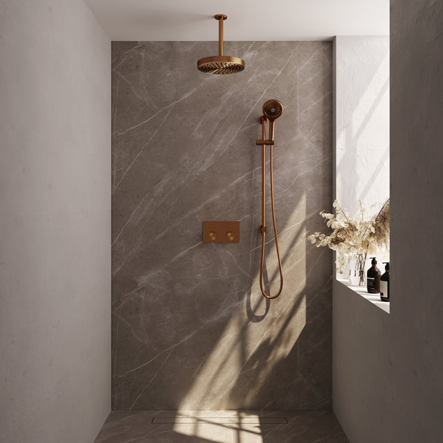 BRAUER Stripe thermostatische inbouw regendouche met drukknoppen SET 36 met 25 cm douchekop en plafondarm en 3-standen handdouche en doucheslang en geïntegreerde glijstang koper geborsteld PVD 5-GK-435