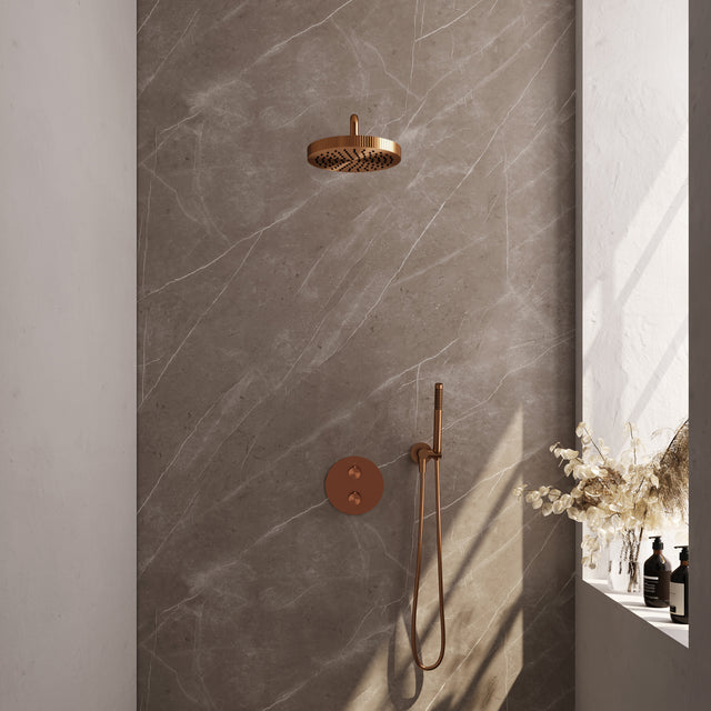 BRAUER Stripe thermostatische inbouw regendouche 3-weg rond SET 38 met 25 cm douchekop en gebogen muurarm en staaf handdouche en doucheslang en wandaansluitbocht koper geborsteld PVD 5-GK-439