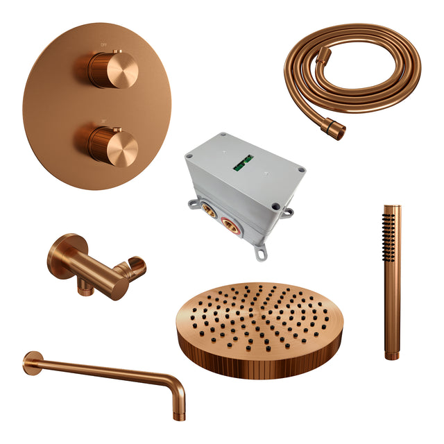 BRAUER Stripe thermostatische inbouw regendouche 3-weg rond SET 38 met 25 cm douchekop en gebogen muurarm en staaf handdouche en doucheslang en wandaansluitbocht koper geborsteld PVD 5-GK-439