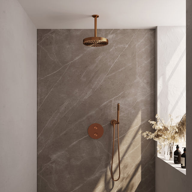 BRAUER Stripe thermostatische inbouw regendouche 3-weg rond SET 39 met 25 cm douchekop en plafondarm en staaf handdouche en doucheslang en wandaansluitbocht koper geborsteld PVD 5-GK-441