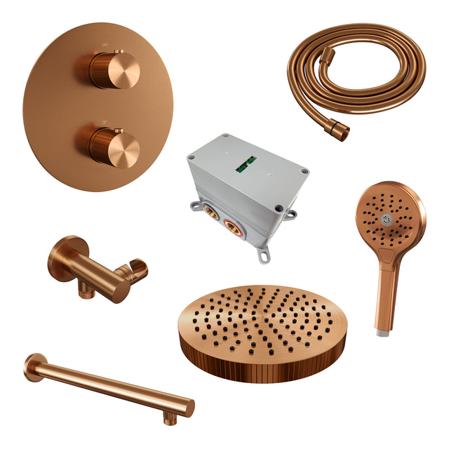BRAUER Stripe thermostatische inbouw regendouche 3-weg rond SET 40 met 25 cm douchekop en rechte muurarm en 3-standen handdouche en doucheslang en wandaansluitbocht koper geborsteld PVD 5-GK-443