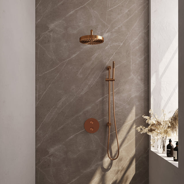 BRAUER Stripe thermostatische inbouw regendouche 3-weg rond SET 44 met 25 cm douchekop en gebogen muurarm en staaf handdouche en doucheslang en geïntegreerde glijstang koper geborsteld PVD 5-GK-451