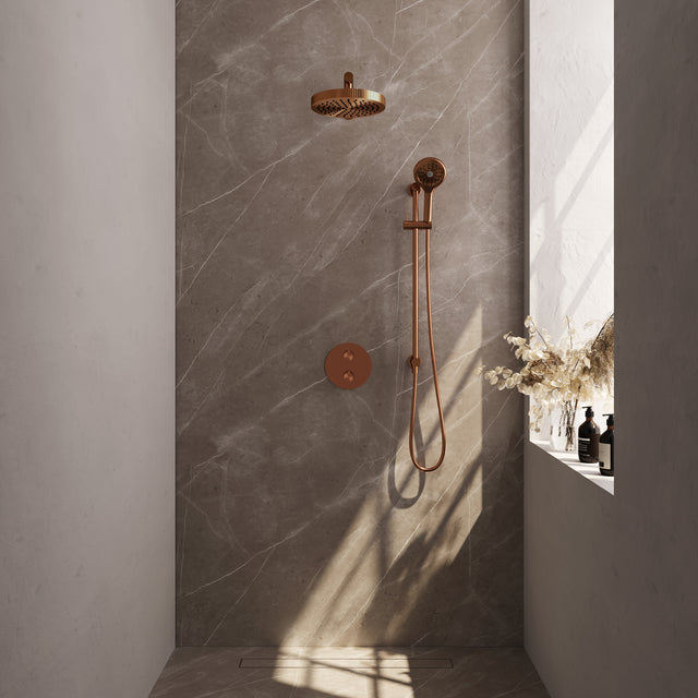 BRAUER Stripe thermostatische inbouw regendouche 3-weg rond SET 46 met 25 cm douchekop en rechte muurarm en 3-standen handdouche en doucheslang en geïntegreerde glijstang koper geborsteld PVD 5-GK-455