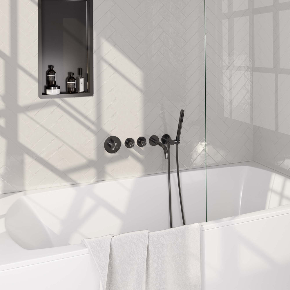 BRAUER Gunmetal Edition thermostatische inbouw badkraan SET 01 met uitloop en staaf handdouche en doucheslang en wandaansluitbocht gunmetal geborsteld PVD
