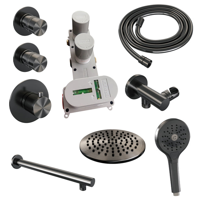 BRAUER Gunmetal Edition thermostatische inbouw regendouche SET 07 met 20 cm douchekop en rechte muurarm en 3-standen handdouche en doucheslang en wandaansluitbocht gunmetal geborsteld PVD