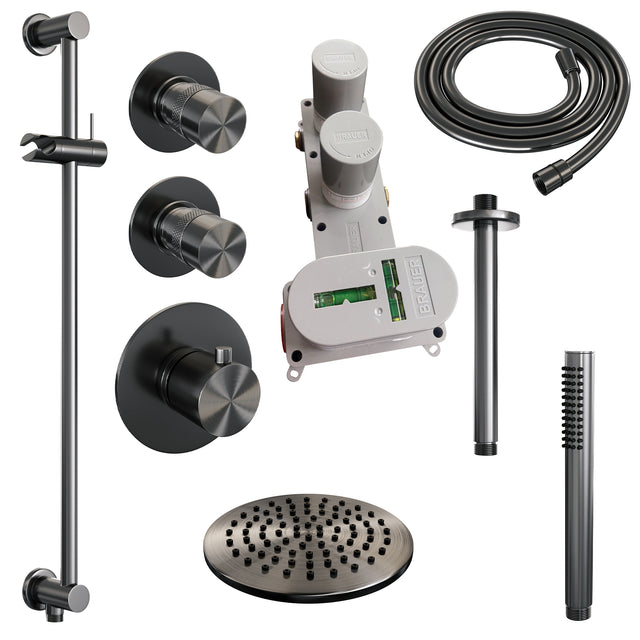 BRAUER Gunmetal Edition thermostatische inbouw regendouche SET 17 met 20 cm douchekop en plafondarm en staaf handdouche en doucheslang en geïntegreerde glijstang gunmetal geborsteld PVD